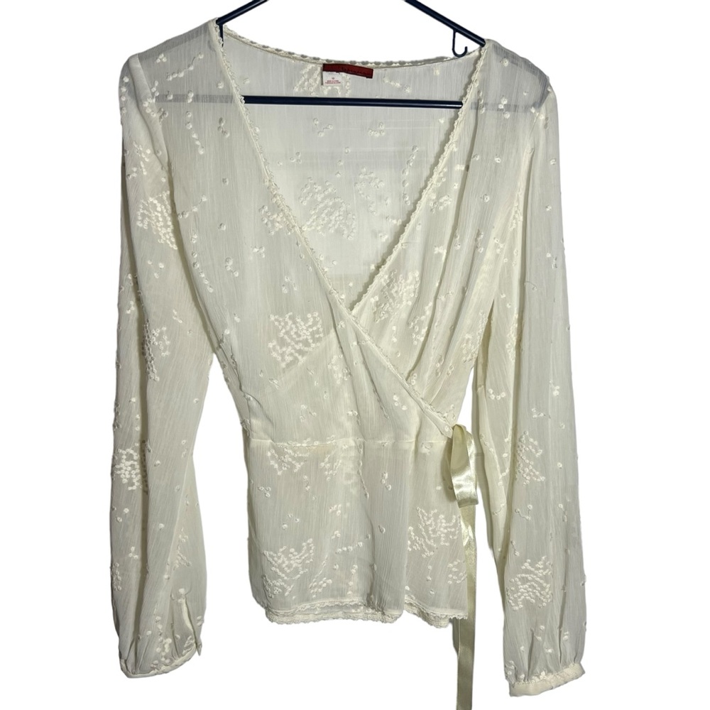 TapeMeasure for Anthropologie Sheer Faux-Wrap Blouse • Embroidered • Size 10